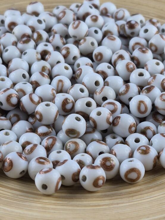 Glasperlen rund, weiss mit goldenem Ring